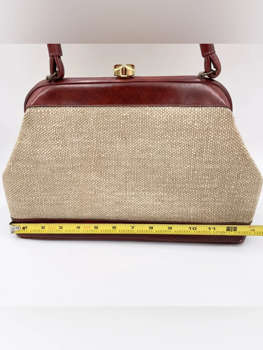 Vintage 50s 60s Top Handle Satchel Bag Red Leather Tweed Purse Midcentury Modern - Picture 11 of 12